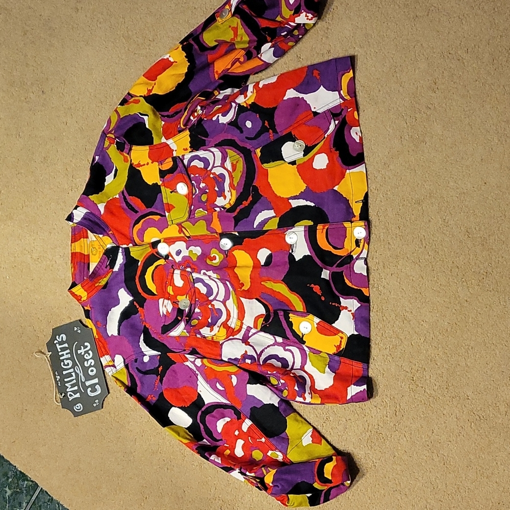 Ruby Rd Jacket 14 Petite Button Down Black Purple Yellow Green White